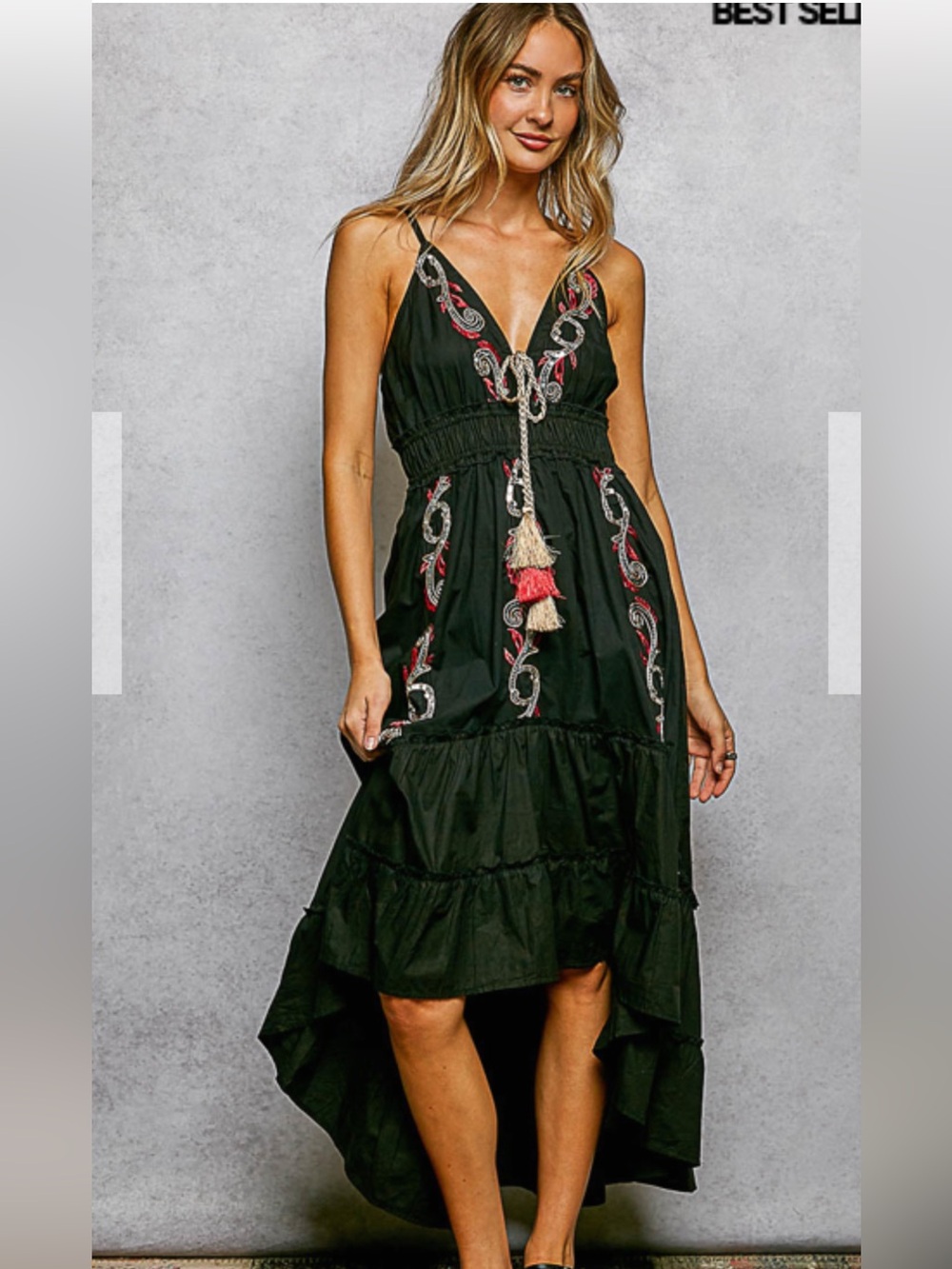 POL Black High-Low Boho Dress with Pink & Cream Tassels